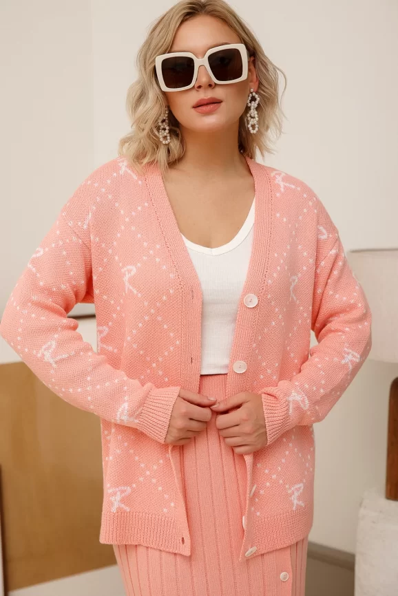Кардиган женский (цвет: розовый персик, белый) фото 4