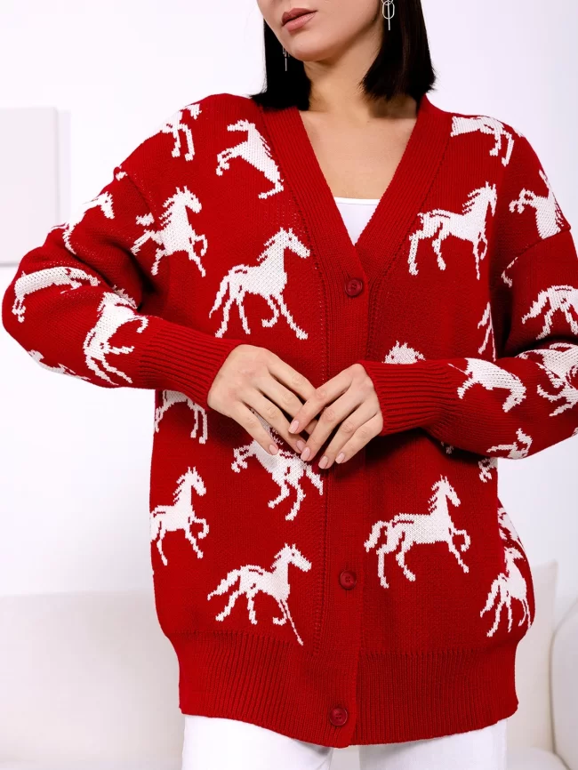 Кардиган женский (цвет: глубокий красный, молочный) фото 3