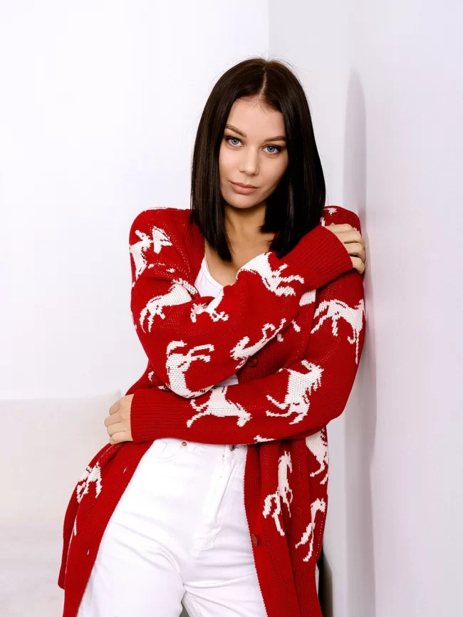 Кардиган женский (цвет: глубокий красный, молочный) фото 4