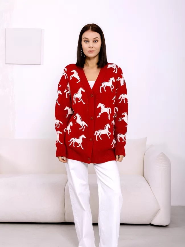 Кардиган женский (цвет: глубокий красный, молочный) фото 5